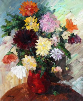Jean LEVASSEUR (1935-2024), " Dahlias au vase rouge ", huile…