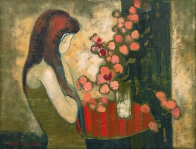 a painting of a woman holding a vase of flowers