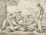 an old drawing of a group of people sitting on the ground