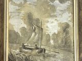painting of a sailboat on a river with a cloudy sky in the background