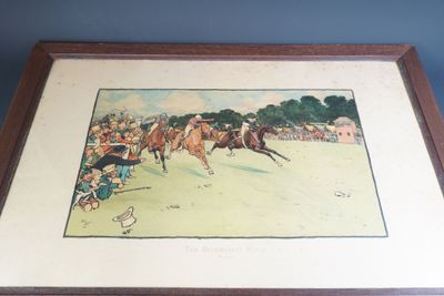 tableau représentant une course hippique, avec des jockeys et des chevaux en arrière-plan