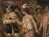 a painting of a man and a woman talking to each other