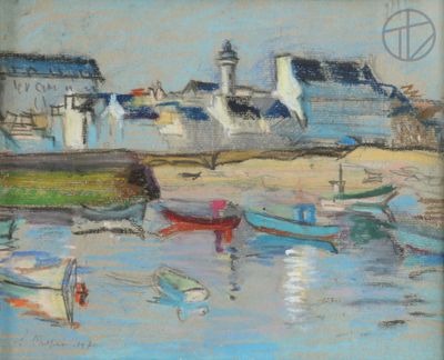 une peinture de bateaux sur l'eau dans un port