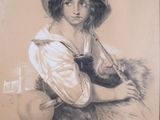 drawing of a woman with a hat and a dog in her lap