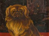 tableau représentant un chien assis sur un tapis rouge devant une cage à oiseaux