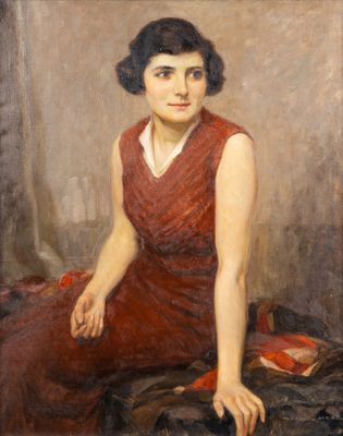 une image représentant un tableau où l'on voit une femme en robe rouge assise sur un lit