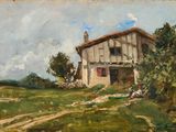 une image d'une peinture représentant une maison dans un champ