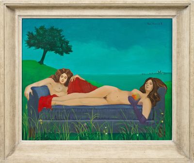 tableau représentant deux femmes allongées sur un canapé dans un champ