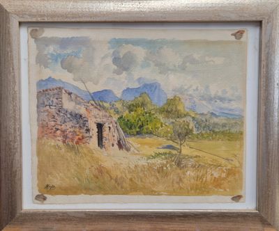 tableau représentant un vieux bâtiment en pierre dans un champ, avec des montagnes en arrière-plan