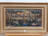 a painting of a harbor scene with boats in the water
