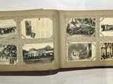 an open book with pictures of people and cars on it