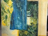 a painting of a window with a blue curtain on it