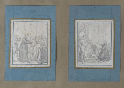deux dessins représentant un homme et une femme debout devant un immeuble