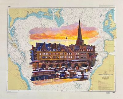 une peinture représentant une carte d'un port avec des bateaux