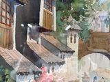 une aquarelle représentant une scène de rue avec un pont
