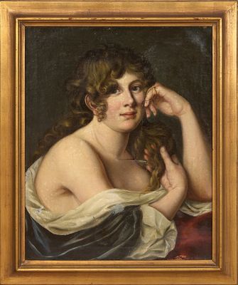 a painting of a woman in a blue dress with her hand on her head