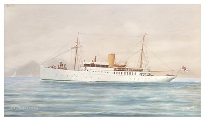 painting of a large white ship floating on top of a body of water