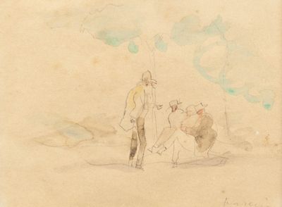 drawing of a man and a woman standing in a field with a dog