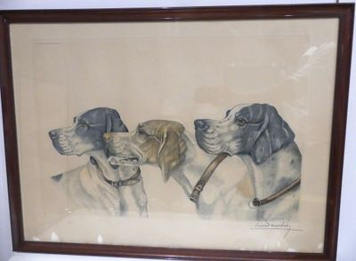 a picture of a painting of three dogs with a pipe