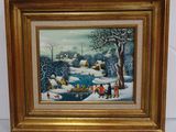 tableau représentant une scène hivernale avec des personnages et un chien dans un paysage enneigé