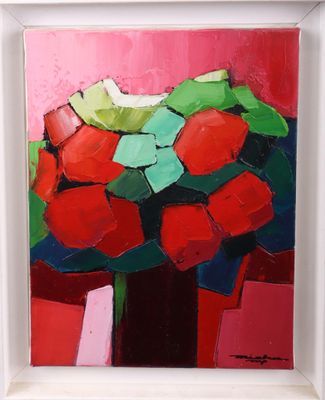 painting of a vase of red flowers with green leaves in a white frame