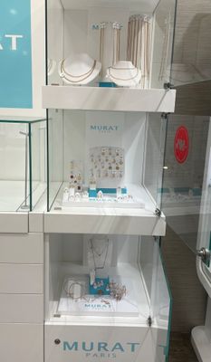 a display case with jewelry on it in a store