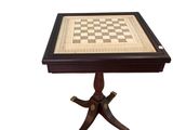 an image of a wooden table with a chess board on it
