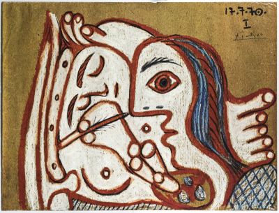 an image of a painting of a woman with a bird on it ' s head