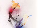 aquarelle abstraite représentant un oiseau rouge, jaune, bleu et noir