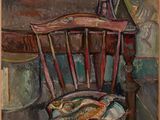 peinture représentant un poisson dans une assiette posée sur une chaise dans une pièce