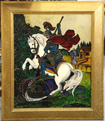 une photo d'un tableau représentant un homme à cheval sur un cheval blanc