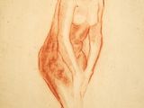 an old drawing of a nude woman leaning on her knees