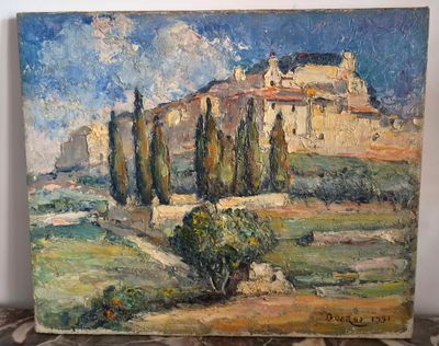 an oil painting of a house on a hill with trees in the foreground
