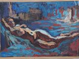 painting of a man and a woman laying on a bed in a room