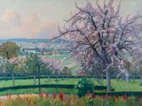 une peinture à l'huile représentant un arbre dans un champ, avec une colline en arrière-plan