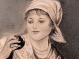 drawing of a woman in a turban holding a bird in her hand