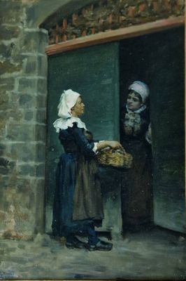 un tableau représentant une femme tenant un panier de pain