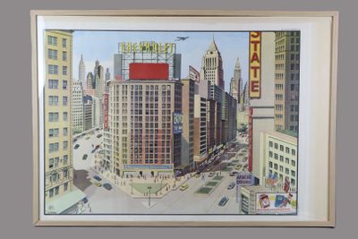 painting of a view of a city from a high rise building