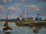 a painting of a harbor scene with boats in the water