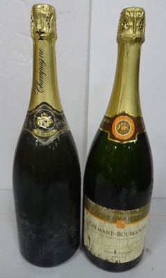 two bottles of champagne sitting next to each other on a table