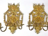 paire d'appliques murales anciennes en laiton avec fleurs et feuilles