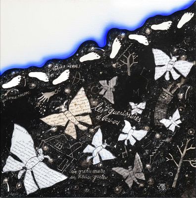 a black and white painting of butterflies on a black surface