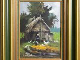 un tableau représentant une femme assise devant une hutte, avec des poulets