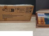 two pictures of a box with a blow dryer sitting on top of a table