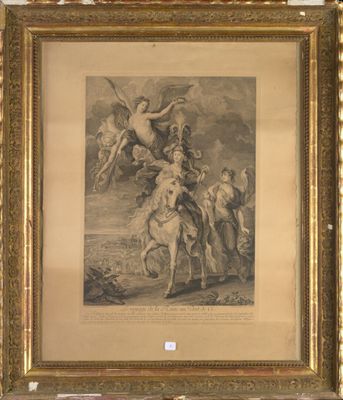 an old picture of a painting of a man on a horse with angels