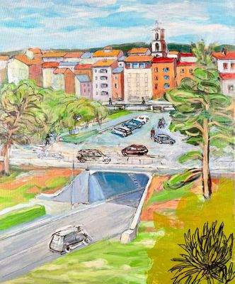 tableau représentant une vue d'une ville depuis une colline, avec un pont