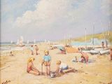 une peinture représentant un groupe de personnes sur la plage