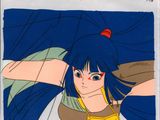 a cartoon picture of a woman with blue hair and a red apple