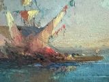an oil painting of a boat in the water with flags flying from it