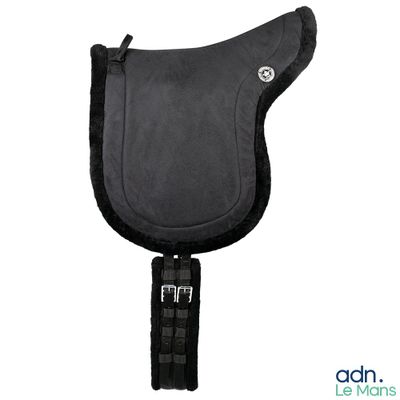 un gros plan d'une selle de cheval avec un tapis de selle en cuir noir